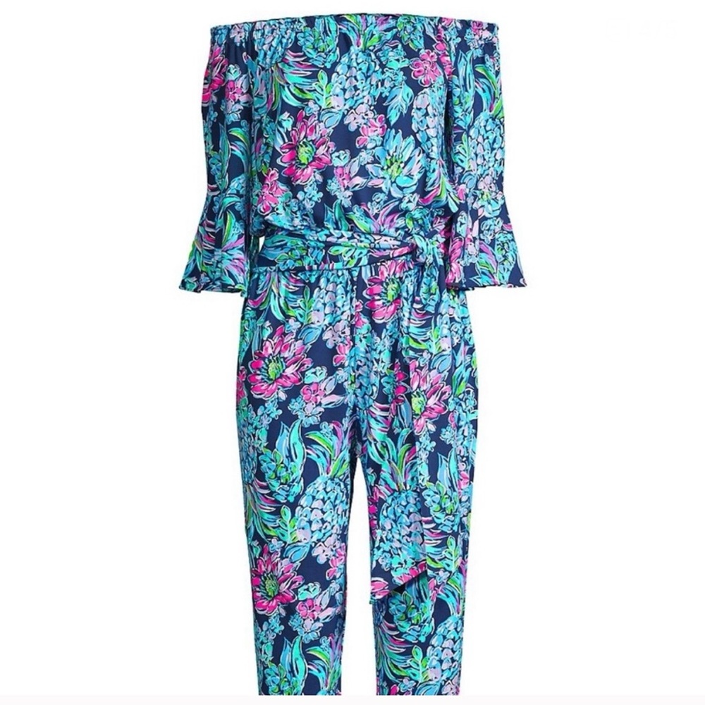 Lilly Pulitzer Navy Floral Off-Shoulder Jumpsuit - Picture 4 of 7